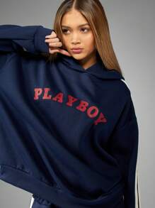 Missguided x Playboy Varsity Hoodie Sporty Retro Streetwear Classic Logo Drawstring Sweatshirt Autumn Winter Loungewear Pullover Casual Athletic Top - Royal Blue - View 4