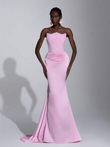 SHEIN Belle 优雅粉色不对称露肩美人鱼尾褶饰腰线缎面礼服，适合约会、度假、婚礼、正式场合、女士毕业礼服、派对礼服、晚会礼服、婚礼宾客礼服 - 粉色 - 查看 1