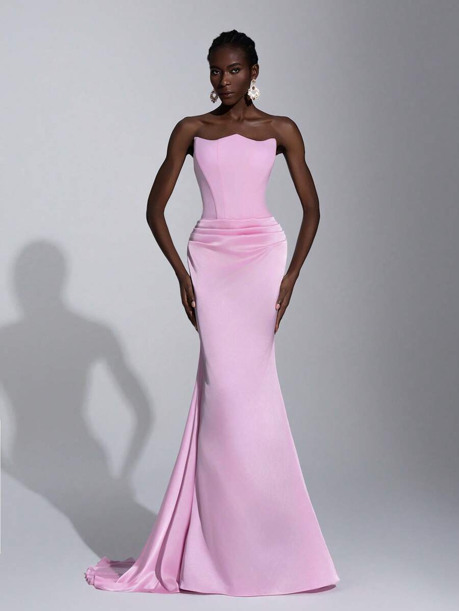 SHEIN Belle 优雅粉色不对称露肩美人鱼尾褶饰腰线缎面礼服，适合约会、度假、婚礼、正式场合、女士毕业礼服、派对礼服、晚会礼服、婚礼宾客礼服 - 粉色 - 查看 1