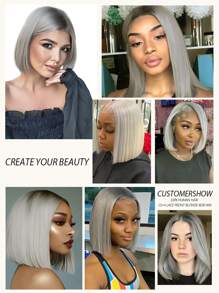 渐变银色蕾丝前假发 10-12 英寸短波波头真人发假发 13x4 透明蕾丝波波头假发女士