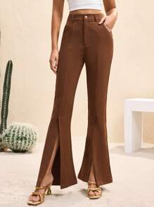 HIBA Dark Brown Solid Color High Waist Gold Button Asymmetric Slit Flared Pants Women's Pants Petite Casual Women Summer Clothes - Brown - View 7