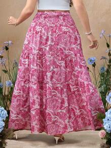 Flirla Plus Size Bohemian Style Paisley Print Skirt - Pink - View 2