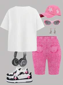 SHEIN Leap Crew 2pcs/Set Tween Girls Casual Ombre Bow&Heart Graphic Loose Fit Short Sleeve T-Shirt And Skinny Shorts, Suitable For Summer