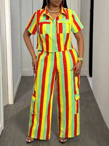 Slaydiva Tuta casual attillata a righe gialle e verdi con camicia e pantaloni, adatta per primavera ed estate - B