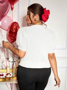 SHEIN Frenchy Plus Size Women's Clothing, Red Bow Decoration, Puff Sleeves, Sweater, Suitable For Valentine's Day, Spring Festival, New Year's Eve, 3D Bow, Elegant, Romantic Sweater - White - View 2
