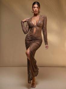 Hauture 女士镂空简约长袖连衣裙，适合夏季 - 棕色 - 查看 3