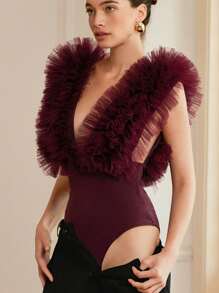 Aveloria Rosie Elegant Charming Sexy Deep V Sleeveless Mesh 3D Flower Bodysuit For Women  For Summer - Burgundy - View 5