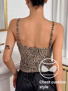 DAZY Charming Western Style Leopard Print Lace Panel Camisole With Built-In Padded Bra For Women - Brown - View 2