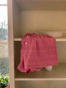 Comfortcana Plus Size Solid Color Front Tie Button Casual Shorts For Spring & Summer - Red - View 4