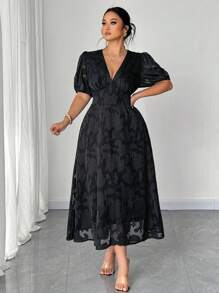 Elenzga Plus Size Women's V-Neck Puff Sleeve Textured A-Line Dress, Summer - Black - View 6