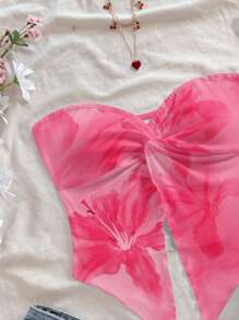 Soleia Vacation Style Orange Tropical Floral & Hibiscus Print Twist Asymmetrical Hem Blouse, Suitable For Spring/Summer Holiday,Rave Top Suitable For Going Out - Pink - View 6