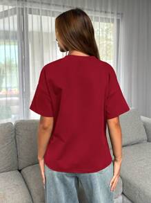 Siren Gaze 女式简约基本款前短后长纯色圆领短袖 T 恤 - 酒紅色 - 查看 2