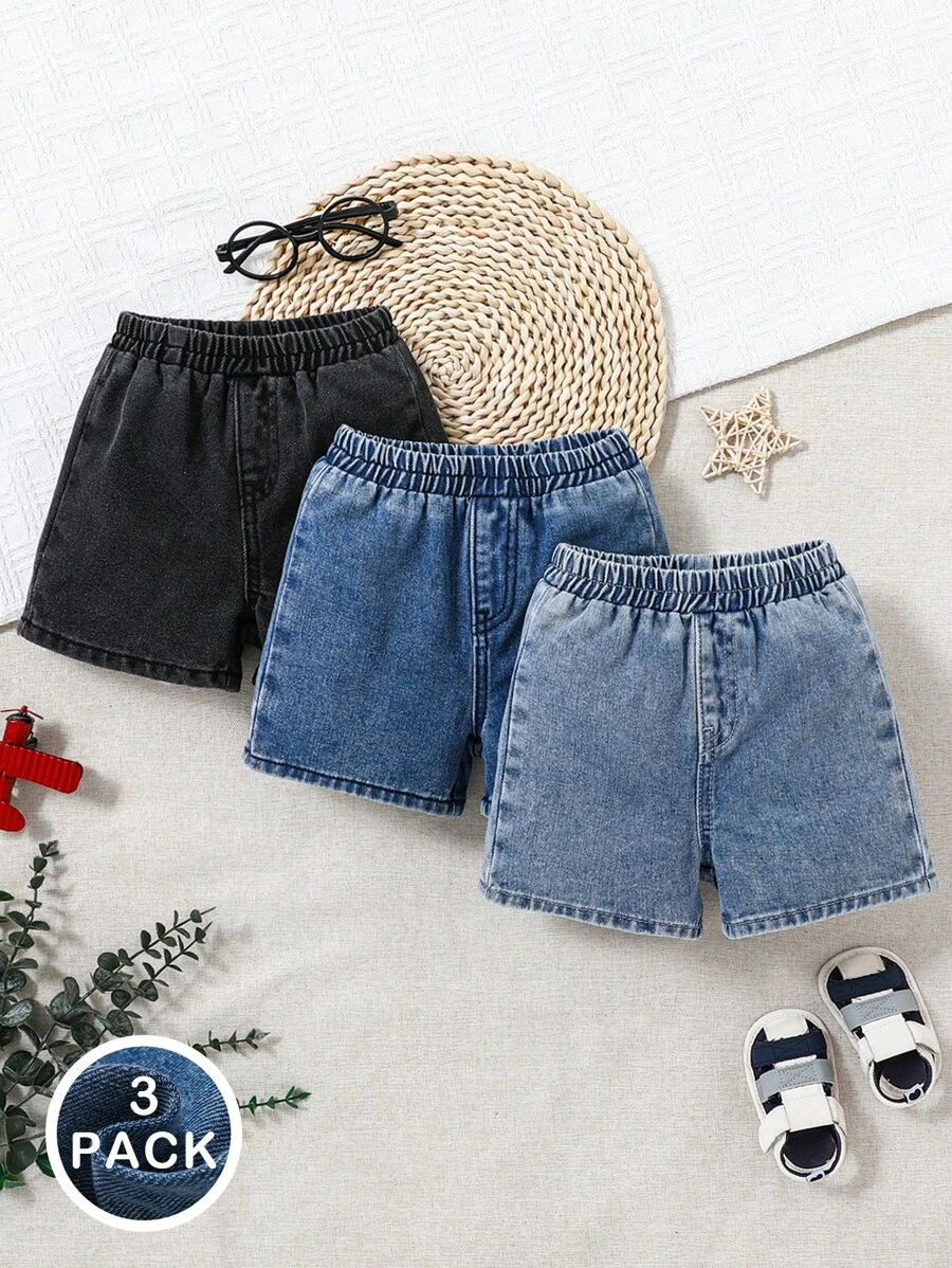 SHEIN 男婴 3 件套夏季休闲柔软宽松阔腿蓝黑色牛仔短裤，婴儿春夏装春假装和日常装