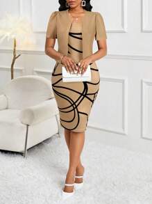 SHEIN Lady Bộ 2 váy bodycon in hình học cho nữ và áo khoác tay bồng ngắn màu trơn - Màu Khaki - Xem 4