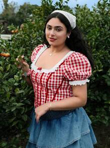 SHEIN MOD Plus Size Girl's Red & White Plaid Ruffle Trim Casual Vacation Blouse. Cute Summer Tops - Red and White - View 6