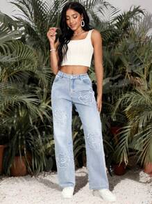 Breezaya Women's Floral Pattern Pockets Frayed Hem Straight Loose Fit Jeans