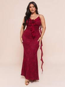 SHEIN BAE 夏季海滩度假大码服装节日服装派对聚会、约会旅行、外出、音乐节服装、音乐会服装、乡村音乐节服装，女士优雅浪漫 3D 花卉装饰情人节/度假无袖连衣裙，带透明蕾丝拼布和荷叶边下摆 - 酒紅色 - 查看 7