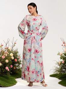 Graceveil Robe femme à manches lanternes avec col rond, à taille croisée, style arabe, pour le printemps/l'été