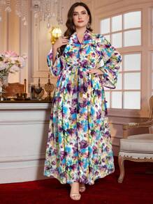 Al Najma Plus Size Women's Stand Collar Long Sleeve Tie-Dye Chiffon Cinched Waist Cinched Waist Romantic Comfortable Resort Dress, Modest - Multicolor - View 4