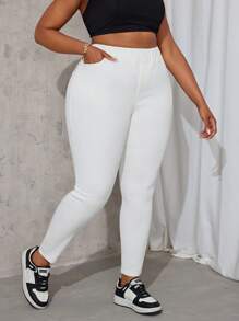 SHEIN SXY Plus Size Solid Color Elastic Skinny Jeans - White - View 1