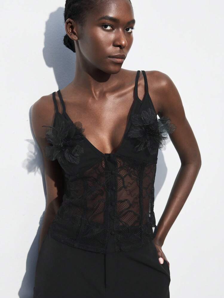 SHEIN Maija Black 3D Floral Lace Splice Elegant Women's Sleeveless Top, Flattering Urban Chic Style, Modern Wedding Guest Attire