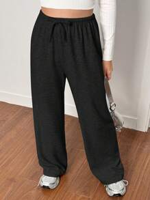 SHEIN Quần dài dệt kim rộng rãi, giản dị, màu đen cho bé gái tuổi teen, mặc ở nhà vào mùa xuân, mùa hè, mùa thu và mùa đông - màu đen - Xem 3