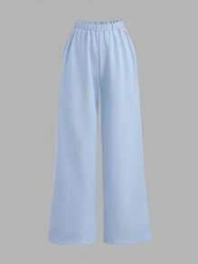 SHEIN Girlism Teen Girls Blue And White Waist Ruffled Short-Sleeved Shirt & Long Casual Wide-Leg Pants, Elegant Commuting Retro Elegant Versatile Suit, Suitable For Daily Wear
