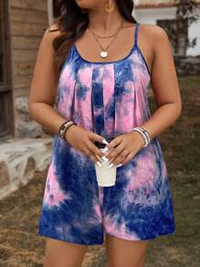 SHEIN LUNE 大码红色和蓝色扎染连体裤女士夏季服装度假服装 - 藍色 - 查看 3