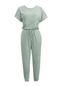 INAWLY Women's Minimalist Style Crew Neck Short Sleeve Jumpsuit, Suitable For Summer - Mint Green - View 3