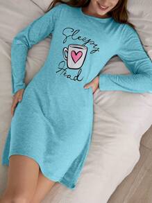 RueChic Women Cottnline & Lettered Night Dress - Baby Blue - View 3