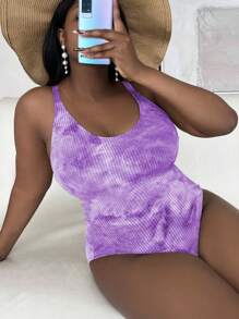 Slaydiva Plus Size Women 1pc Tie Dye Print Slim Fit One-Piece Swimsuit, Casual & Vacation Style For Summer - Purple - View 6