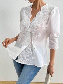 Pariaura Stylish & Slimming Floral Embroidery Blouse Top - White - View 5