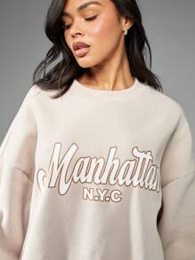MISSGUIDED Manhattan NYC Varsity Collegiate Oversized Sweatshirt Streetwear Athletic Urban Fall Winter Loungewear Long Sleeve Pullover Sports Casual - Khaki - View 3