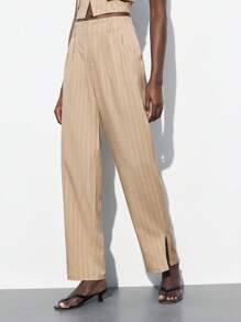 Maija 2025 New Women Chic Khaki Striped Pants,Autumn Office Casual Comfortable Fashion Beige Trousers,Music Festival Beach Vacation Urban Resort - Khaki - View 2