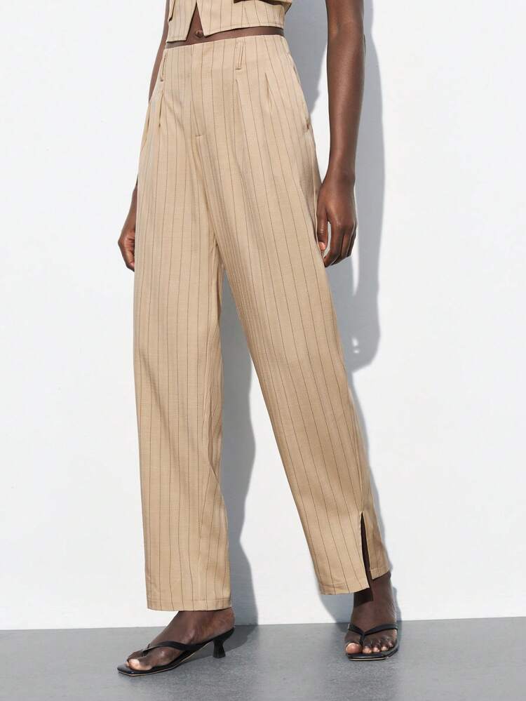 SHEIN Maija 2025년 봄/여름 신상 캐주얼 패션 편안한 여성 베이지 스트라이프 바지, 음악 축제 해변 휴가 일상 캐주얼 로맨틱 어반 리조트, 야외 활동, 파티, 결혼식, 졸업 스타일에 적합