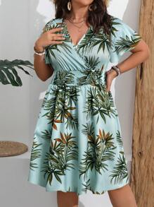 Flirla 大码女式热带植物印花荷叶边短袖连衣裙，夏季度假