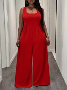 Slaydiva 优雅休闲通勤大码女式黑色无袖阔腿连体裤 - 紅色 - 查看 7