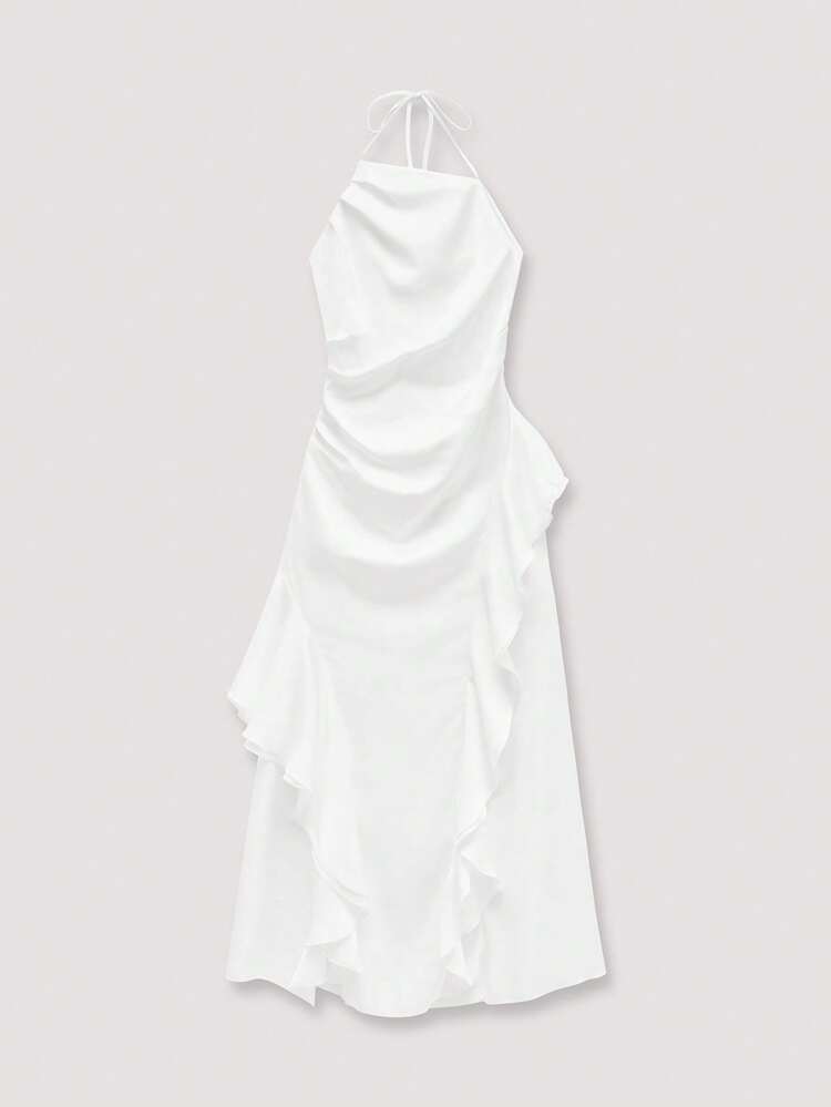 SHEIN Maija 2025 Sommer Neuerscheinung Kleid mit Bindedetail an der Taille, Halsband mit Schleifen, rüschenartigem Saum mit Wellenmuster, alltagstauglich, schlicht, stilvoll, universell kombinierbar, modern, elegant, für Musikfestivals, Strandurlaub, Lässig, Romantik, Stadturlaub, geeignet für Ausgehen, Partys, Hochzeitsgäste, Classic-Chic-Stil, Abschlussballsaison, Damenkleid in Weiß