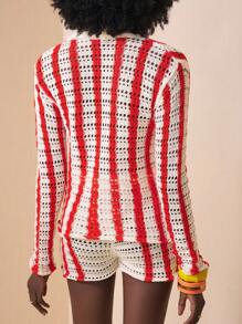 Zivah 新款音樂節休閒街頭風格空心時尚女性折領釦紋針織開衫上衣＆短高腰毛衣＆短褲性感沙灘套裝 - 彩色 - 查看 2