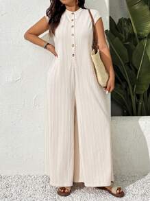 SHEIN Frenchy Bộ đồ liền thân dài thoải mái bằng vải sọc họa tiết giản dị thời trang cỡ lớn dành cho nữ, thiết kế khóa kéo nửa thời trang, hàng mới về mùa xuân/hè 2025 - Màu be - Xem 6