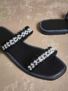 SHUZIA Women's Cross Toe Bands Pearl Decor Flat Sandals Mother's Day Present - Black - View 4