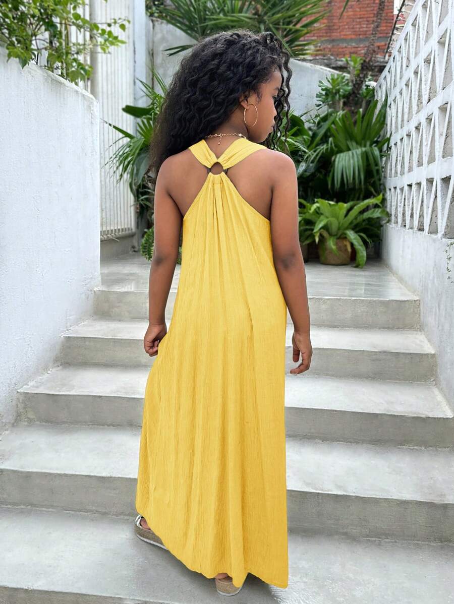 SHEIN Tween Girls' Sleeveless Halter Twist Maxi Vacation Casual Dress