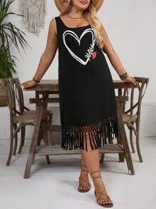 SHEIN VCAY 1pc Plus Size Women's Black Camisole Dress, Heart Pattern Dress, Mama Print Dress, Tassel Hem Knee Length Dress, Mother's Day Summer Dress, Beach Sundress Swimwear Cover Up Plus Beachwear Cover Up Women Dresses Summer Beach Dresses For Woman Beach Cover Up Dress Summer Outfits For Women Easter Outfit Women Festival Outfits Ibiza Outfits Nashville Outfits Ibiza Outfits Casual Boho Cowgirl Brunch Outfits For Women