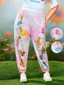 SHEIN X Care Bears Plus Size Spring/Summer Casual Fairycore Y2K Sweet Coquette Kawaii Funny Anime Street Retro Pink Funshine Bear, Tenderheart Bear, Cheer Bear, Good Luck Bear, Dreamy Heart Cloud Cartoon Printed Tie Dye Pants, For Rave, Festival Vacation - Pink - View 3