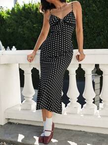 SHEIN EZwear 女士休闲度假波尔卡圆点印花细肩带连衣裙