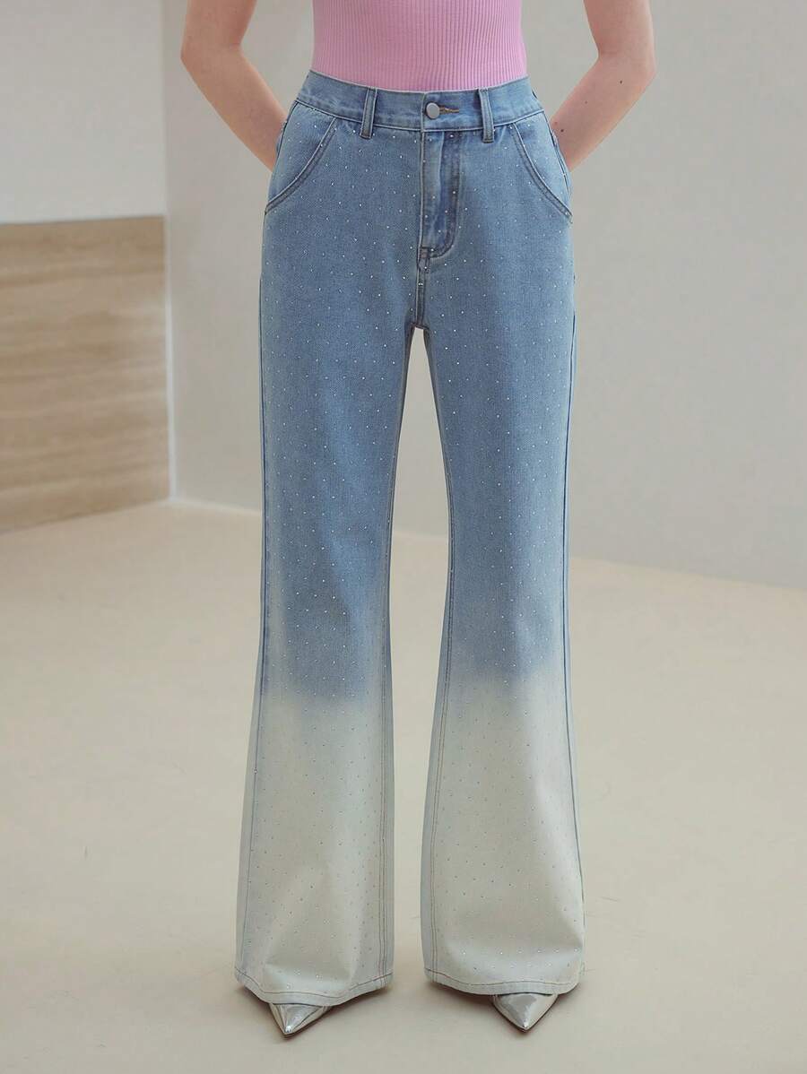 MOTF STUDIO QUẦN JEANS BÓNG OMBRE RHINESTONE - Màu xanh lam - Xem 1