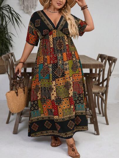 SHEIN VCAY Vestido casual de vacaciones con estampado de patchwork de tallas grandes