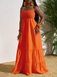 Slaydiva Đầm dài ống xếp nếp màu trơn cho nữ - trái cam - Xem 4