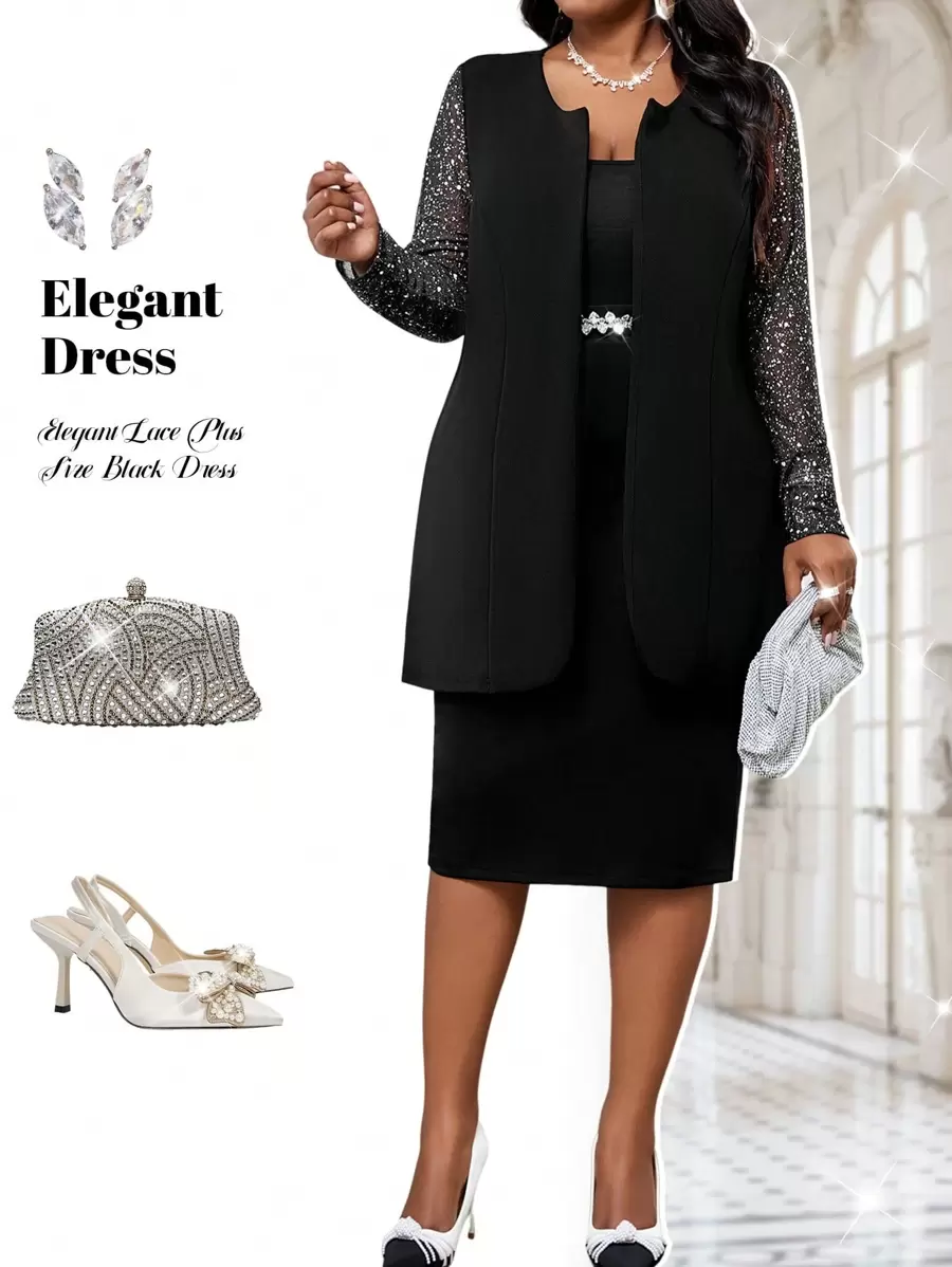 Fleurora Áo khoác Cardigan ren tương phản thanh lịch cỡ lớn màu đen trong suốt mùa hè dành cho nữ cỡ lớn có tay áo dài vừa phải và viền bất đối xứng dành cho nữ Trang phục mùa thu dành cho nữ Trang phục mùa thu Trang phục đi chơi Ngày lễ tình nhân - màu đen - Xem 1