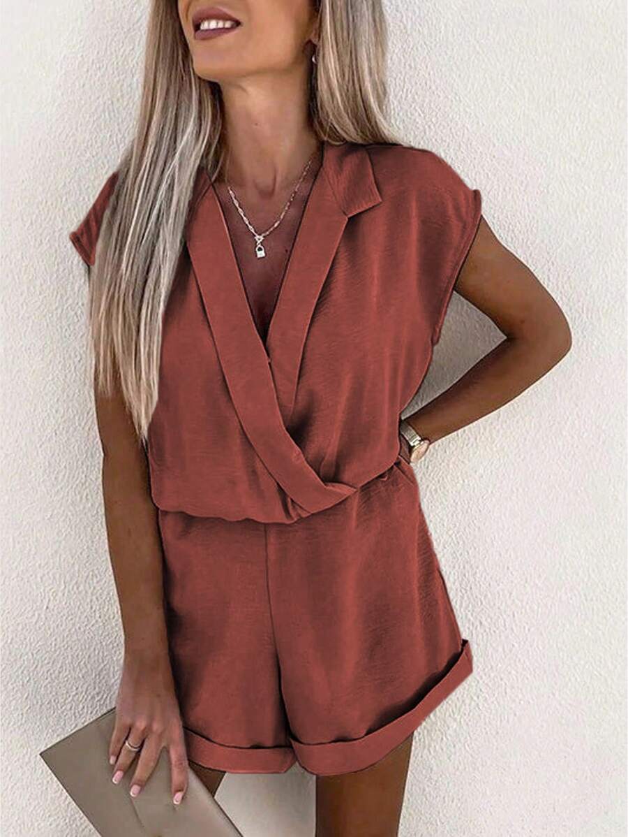 INAWLY Women's Casual Elegant Commute & Holiday Loose Fit V-Neck Cinched Waist Wrinkle Fabric Sleeveless Romper, Spring & Summer - Rust Brown - View 1